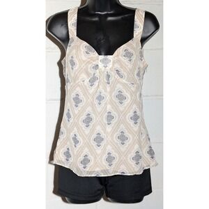 Ann Taylor LOFT Sleeveless Tank Top Beige White Blue Diamond Pattern Blouse 0
